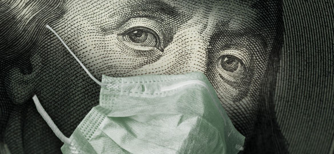 Portrait of Benjamin Franklin 100 dollar Bills with a medical mask from the coronavirus COVID-19. (Demo)