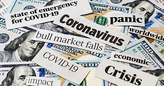 Coronavirus, covid-19 news headlines on United States of America 100 dollar bills. Concept of financial impact, stock market decline and crash due to worldwide pandemic (Demo)