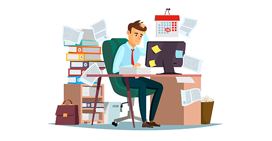 Man overwork in office vector illustration of cartoon manager sitting at computer desk working frustrated in stress (Demo)