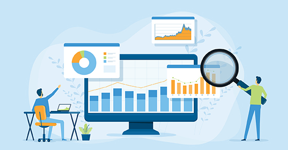 Flat vector design statistical and Data analysis for business finance investment concept with business people team working on monitor graph dashboard Demo